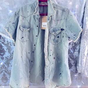 Denim blue railroad stripe Magnolia Pearl Marfa work shirt.